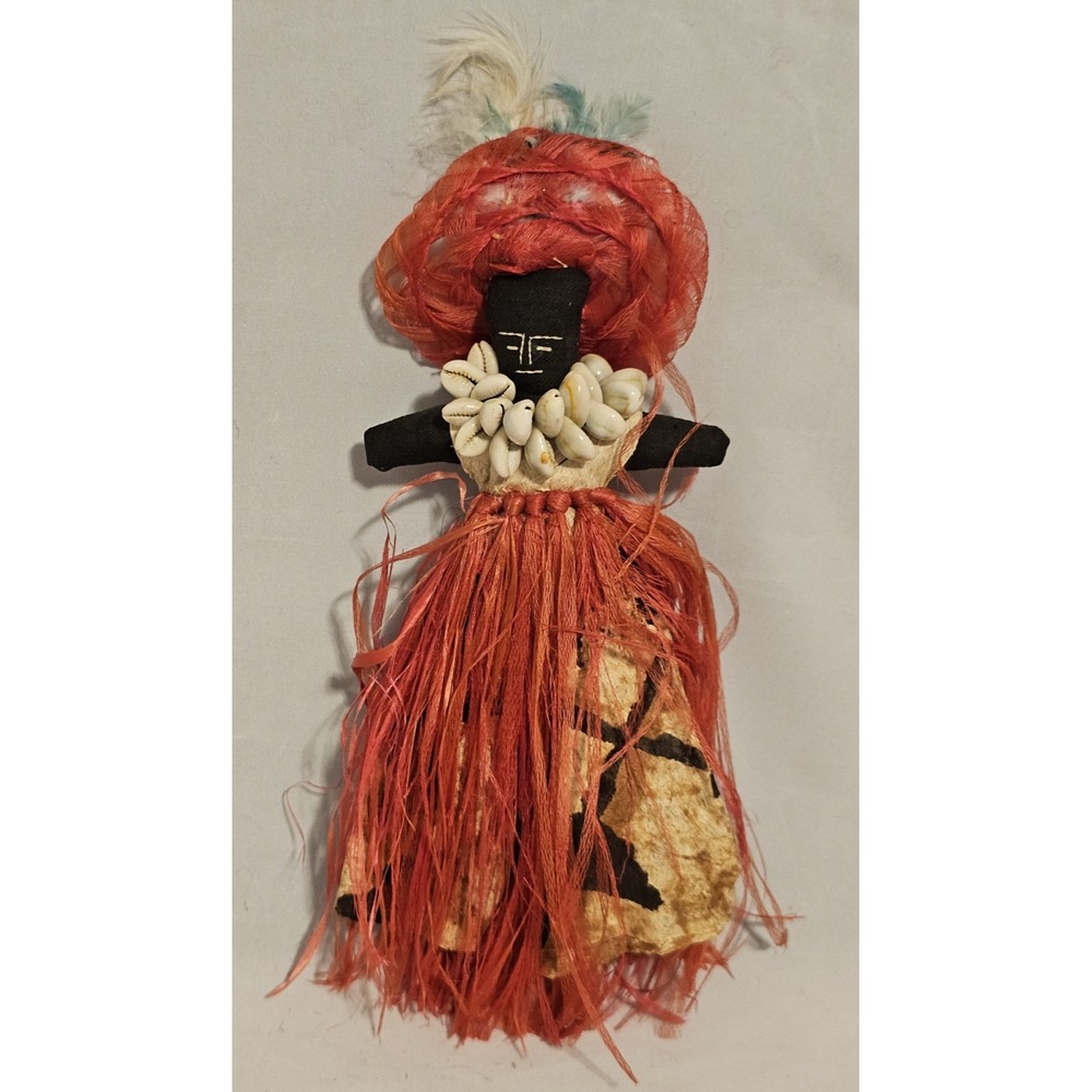 Vintage Hand Made Folk Art Doll from Bora Bora 11" Tall Shells Around Neck